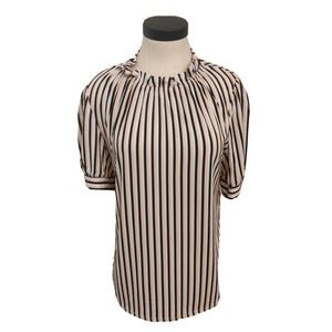 Adrianna Papell Womens Blouse Short Sleeve Sz S Pink Black Stripe Ruffle Neck